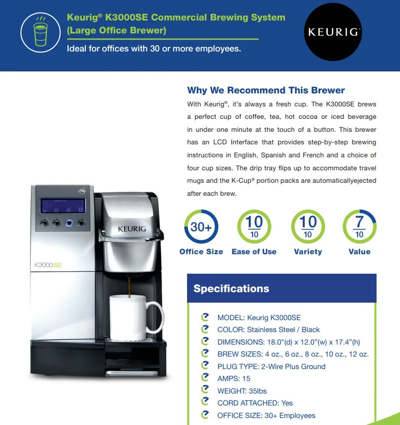 Keurig K3000SE Spec Sheet